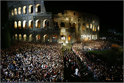 Pope Benedict XVI presides over the Stations of the Cross ceremony at the Colosseum in Rome on Good Friday in April.